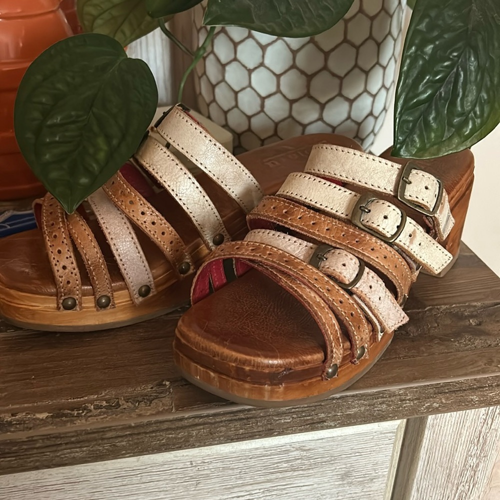 Bed Stu Two-Tone Brown and Cream Leather Strappy Wedge Mules